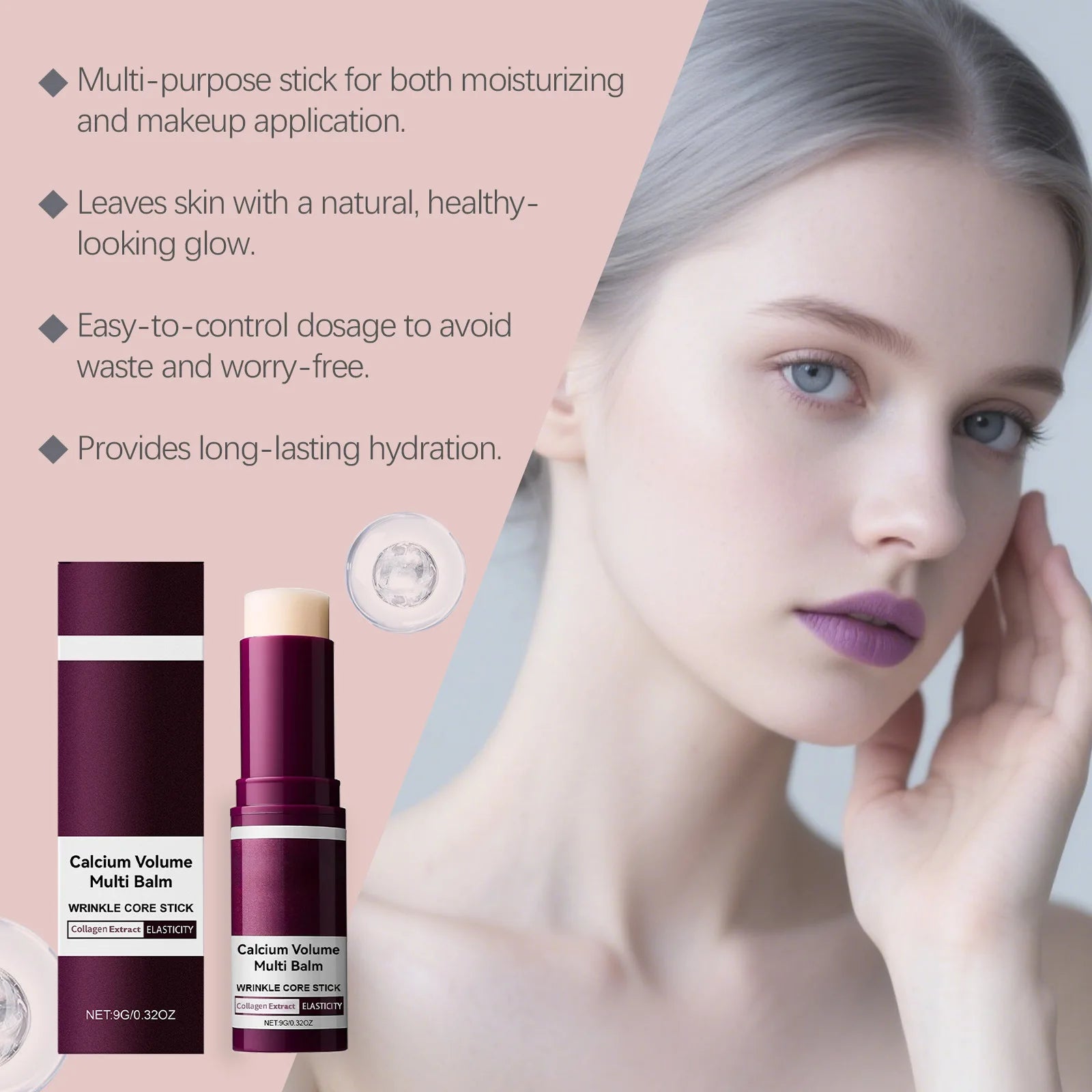 Calcium Volume Multi Balm with product packaging and a model applying it.