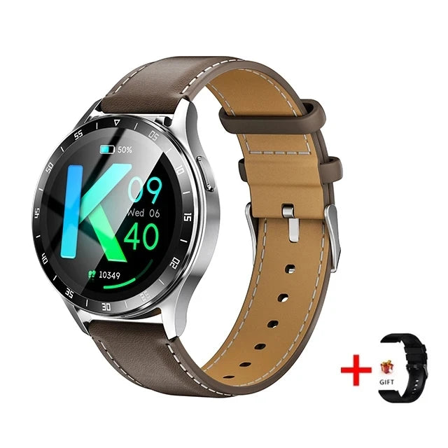 Smartwatch with brown leather strap on a white background