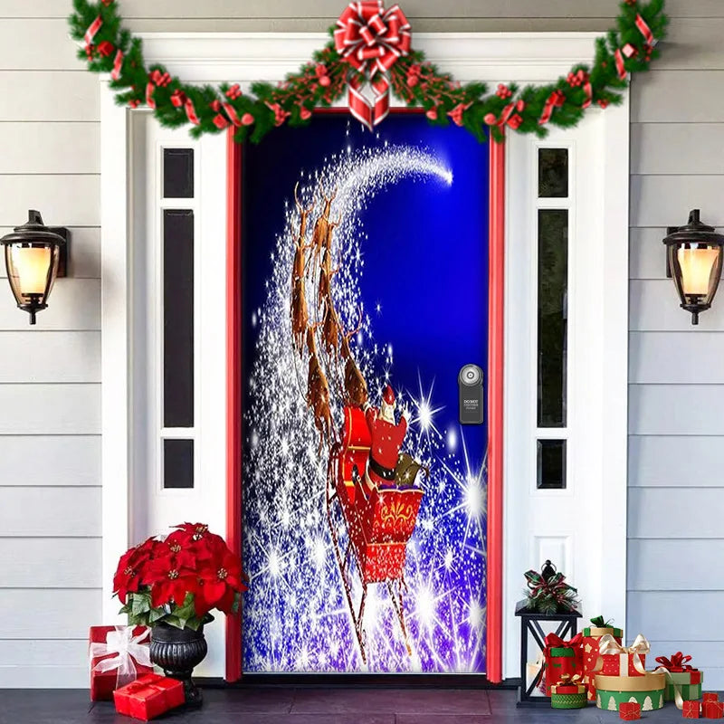 Decorative door with Christmas theme featuring Santa Claus and reindeer, surrounded by festive decorations.