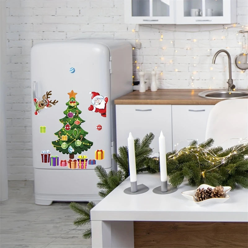 Kitchen with a refrigerator decorated with Christmas-themed stickers, surrounded by festive decorations.