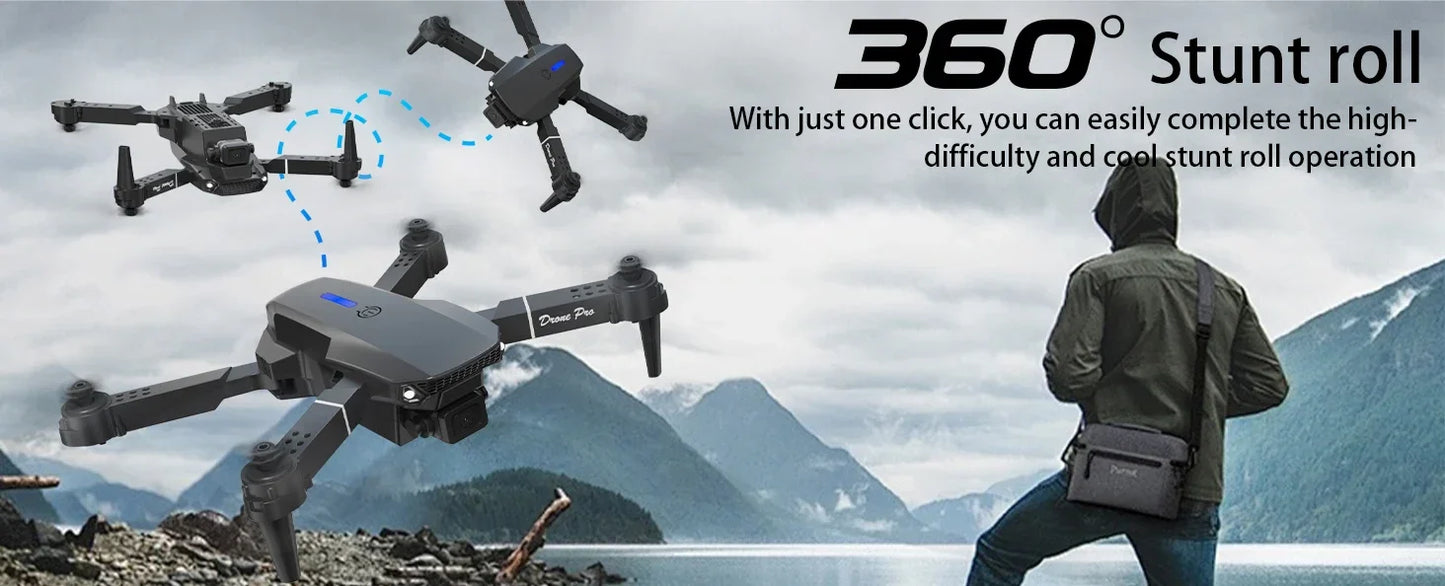 Drone performing stunts with a person observing in a mountainous landscape