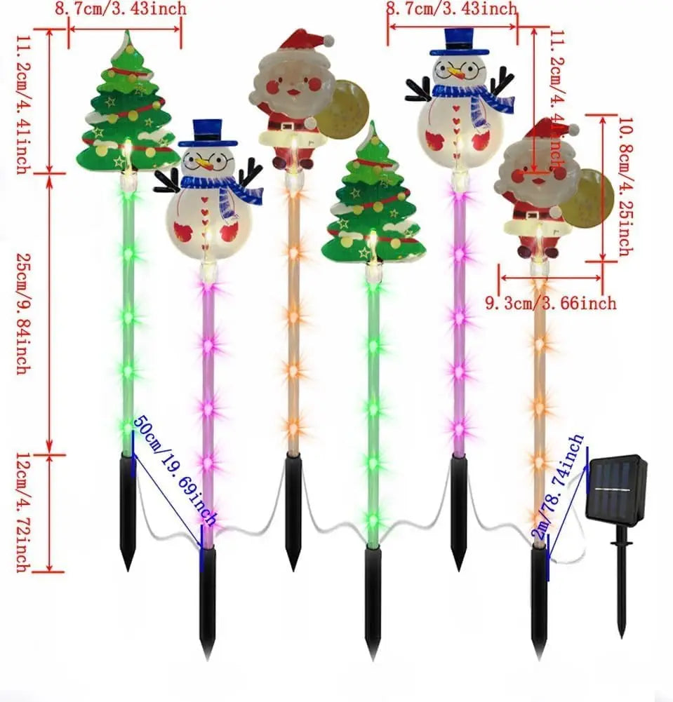 Set of Christmas-themed decorative stakes with measurements on a white background