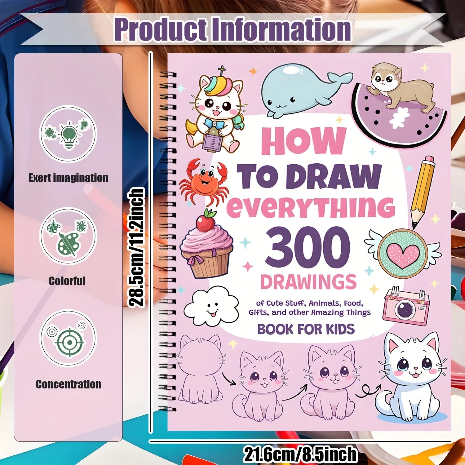 Children's drawing book with cartoon illustrations and text on a colorful background