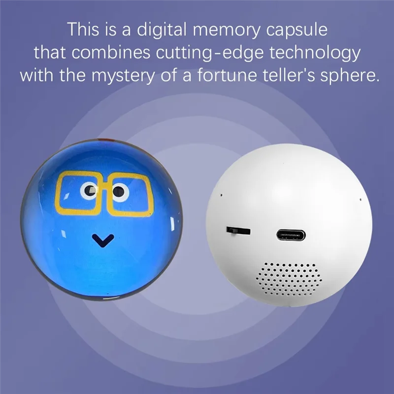 Digital memory capsule with a blue character face and white sphere on a purple background