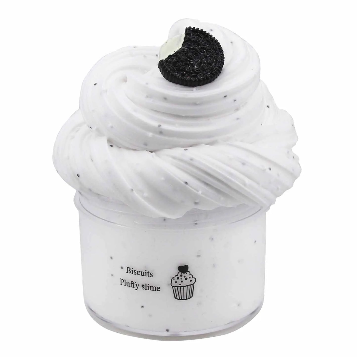 White pluffy slime with black specks in a container on a white background