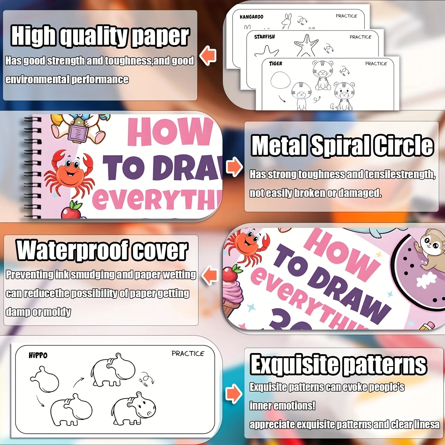 Educational drawing book with practice pages and promotional text about paper quality, metal spiral circle, waterproof cover, and exquisite patterns.