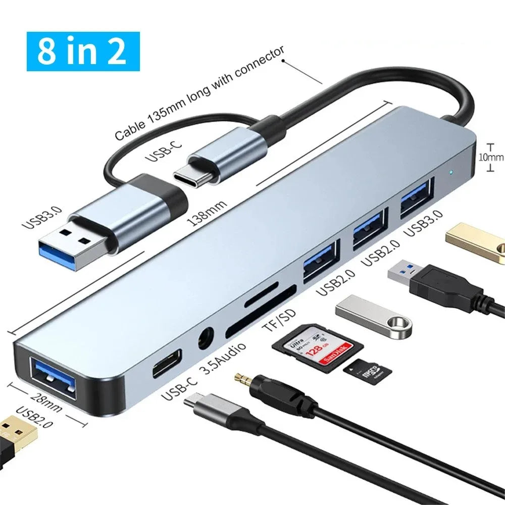 8-in-2 USB hub with various connectors and cables on a white background