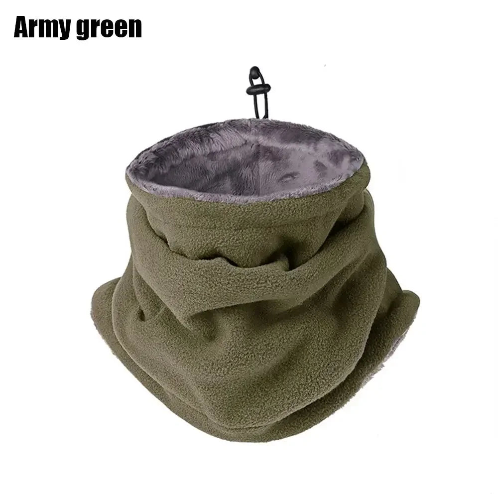 Army green fleece neck gaiter with gray interior on a white background