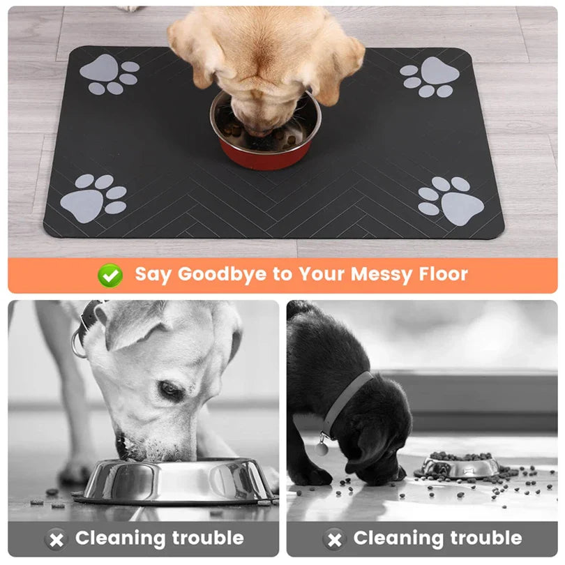 Dog eating from a bowl on a black mat with paw prints, featuring text about cleaning trouble.