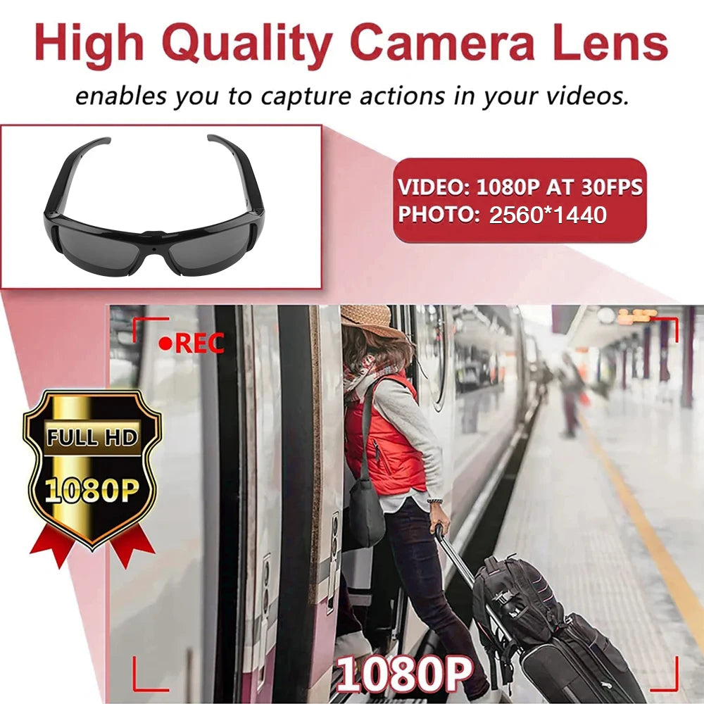 Sunglasses with a camera lens feature, showing a person at a train station with text about video and photo resolution.