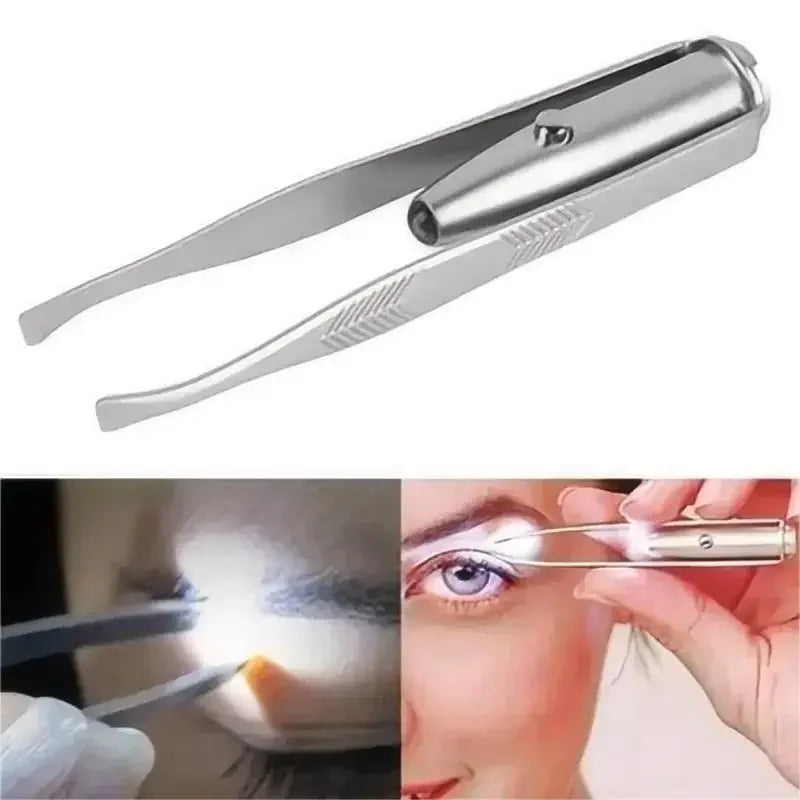 Metal tweezers with close-up images of use on a white background