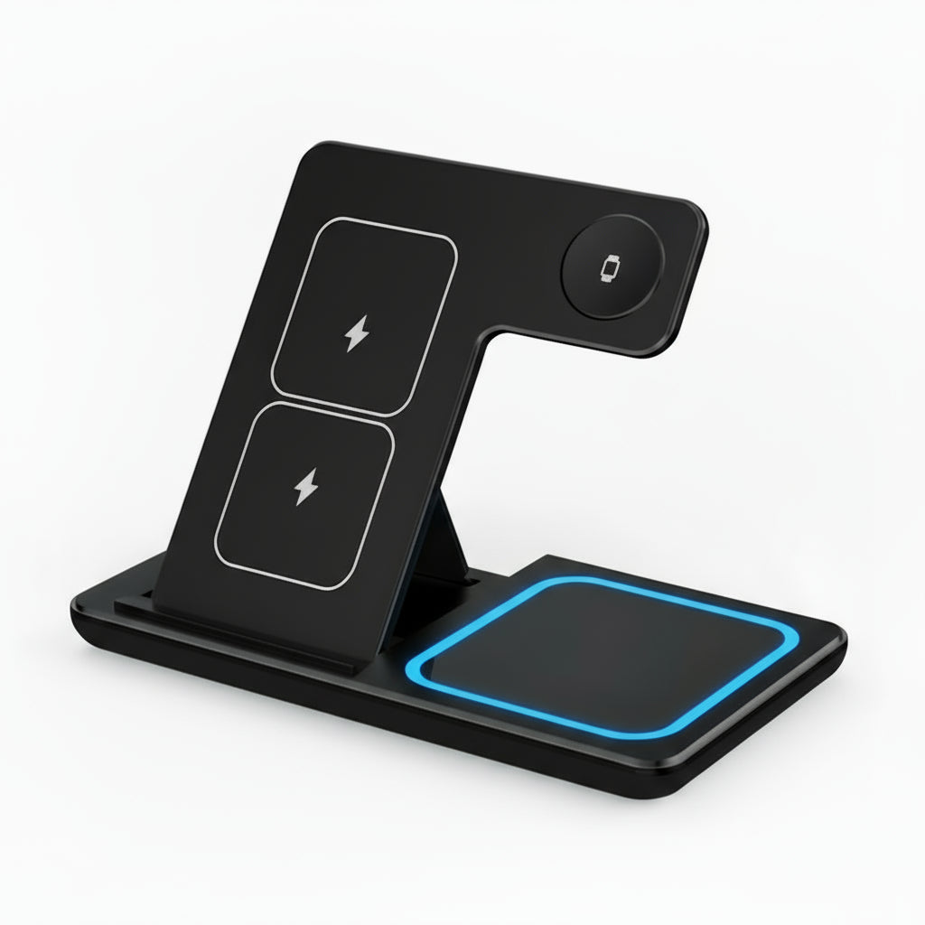 Black wireless charging stand with measurements on a white background