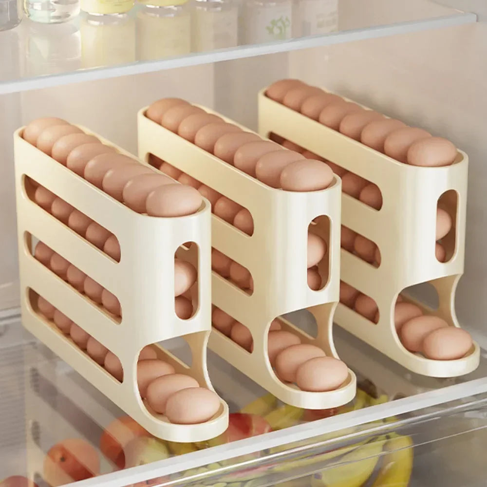 Three egg storage racks with eggs inside, placed on a refrigerator shelf.