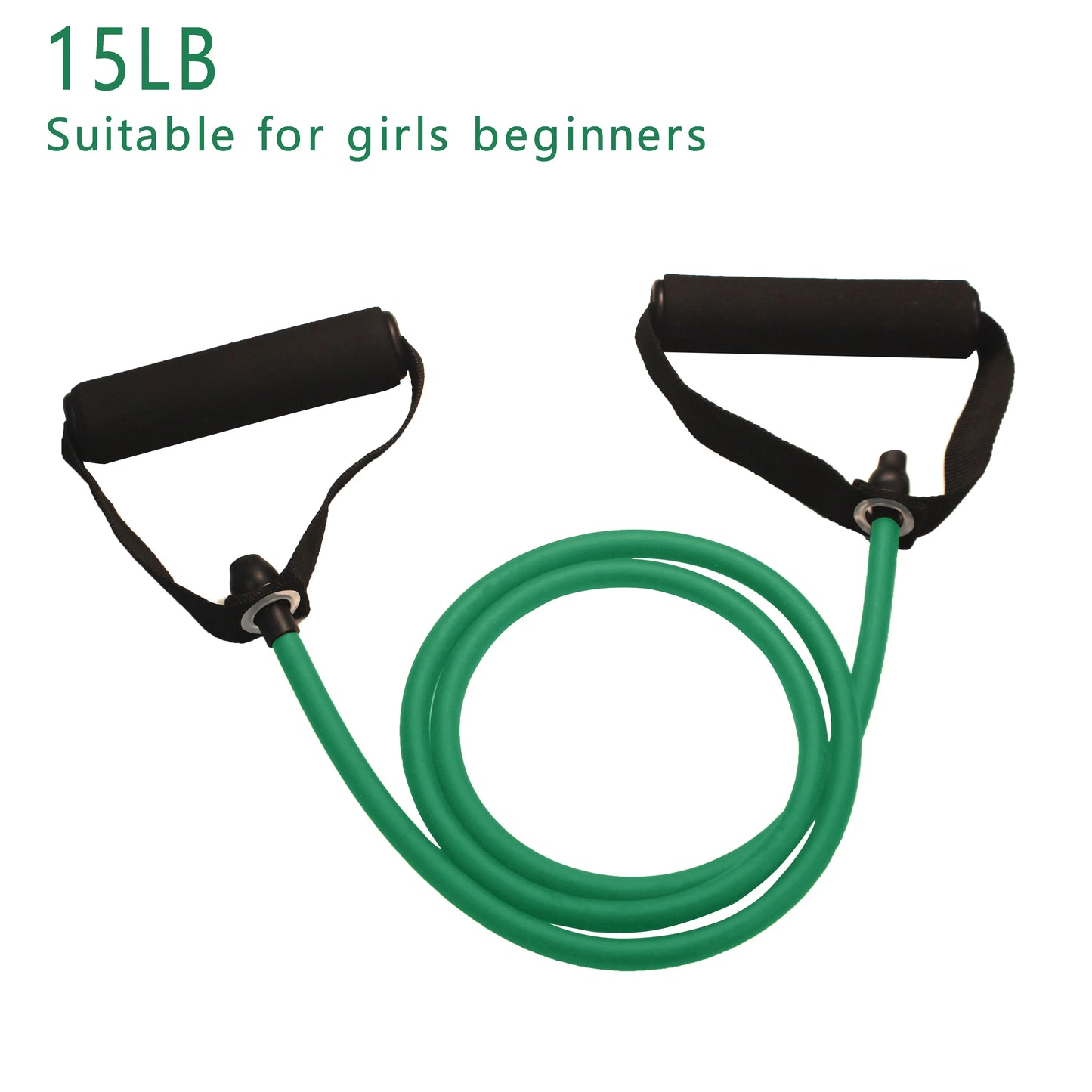 Green resistance band with black handles on a white background, labeled '15LB Suitable for girls beginners'.