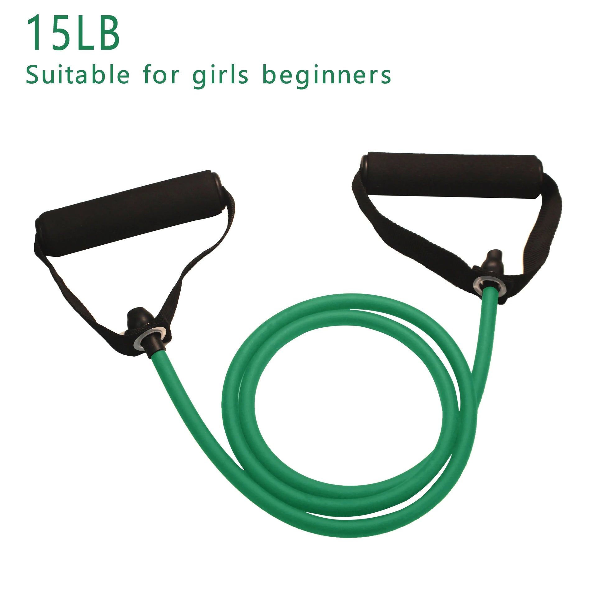 Green resistance band with black handles on a white background, labeled '15LB Suitable for girls beginners'.