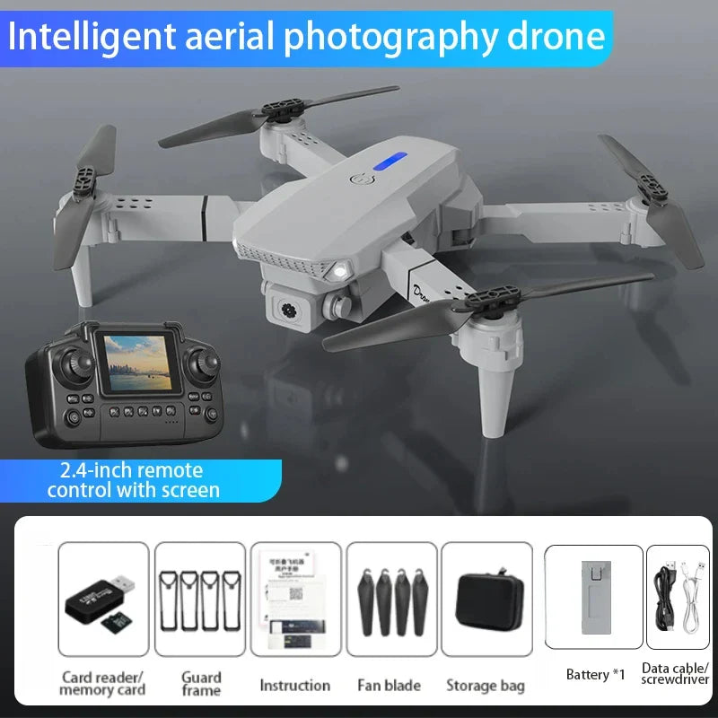 Intelligent aerial photography drone with remote control on a gray background