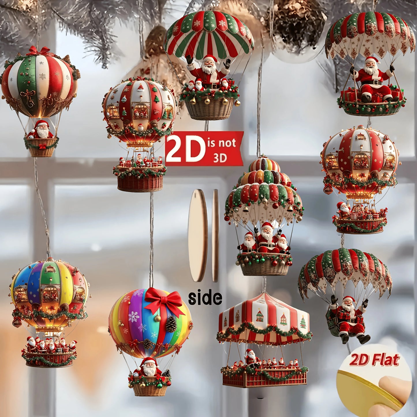Decorative Christmas ornaments resembling hot air balloons and Santa Claus in a 2D flat design.