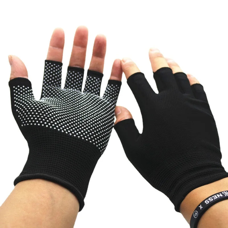 Black gloves with fingerless design and textured palm on a white background
