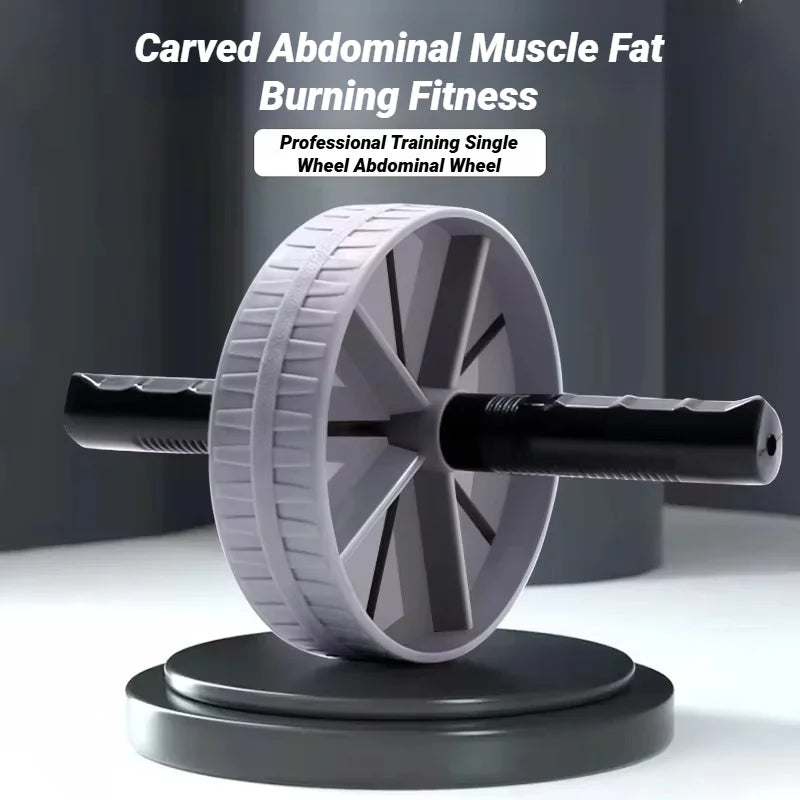Abdominal exercise wheel with text about fitness on a dark background