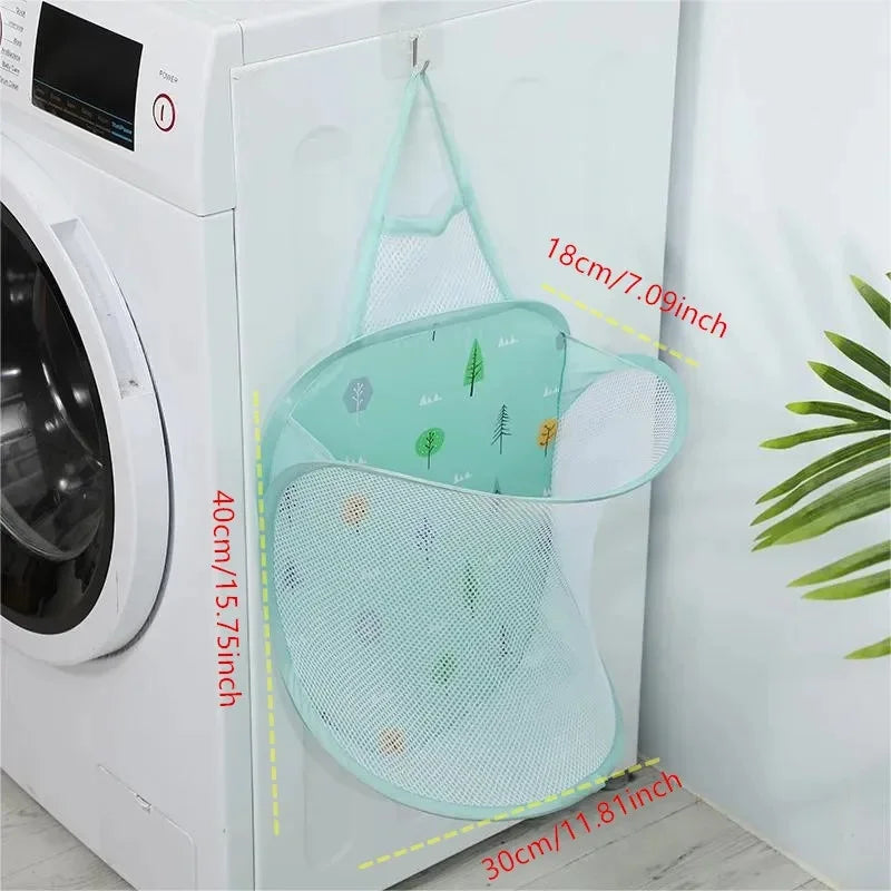 Mesh laundry bag with measurements in front of a washing machine