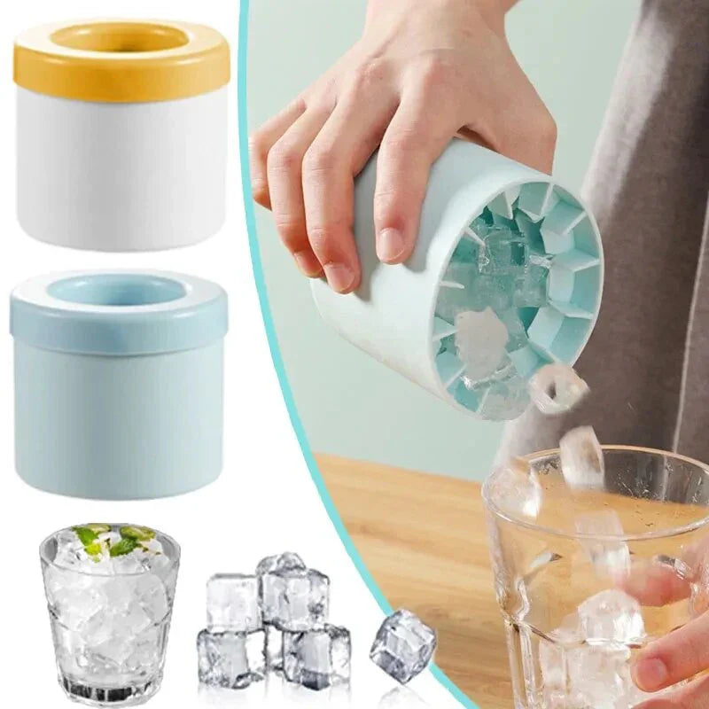 Ice cube tray with silicone mold, hand pouring ice into a glass, and ice cubes in a glass.