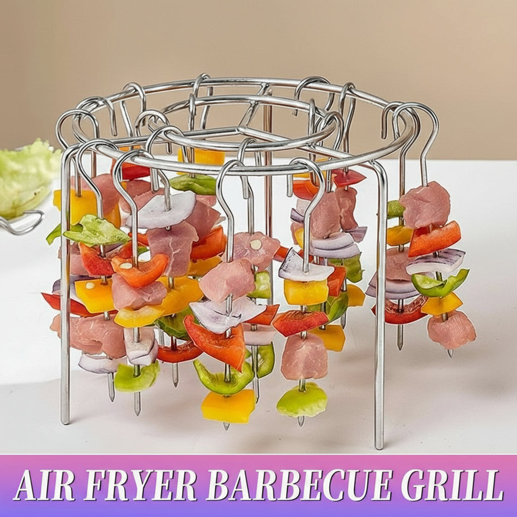 Air fryer barbecue grill with skewers of food on a beige background