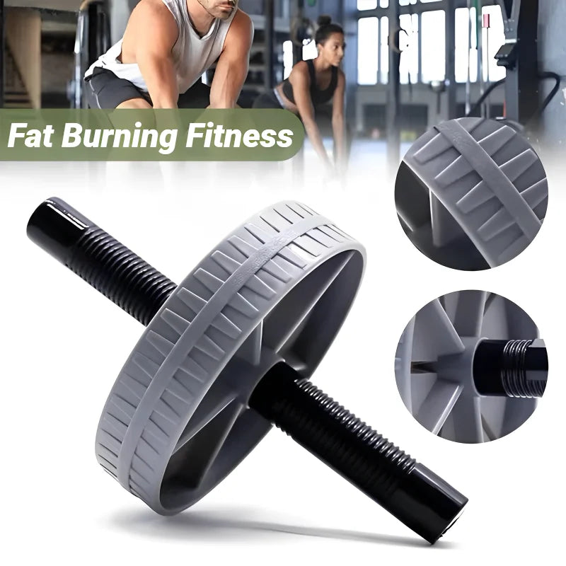 Gray ab roller with black handles on a white background, with 'Fat Burning Fitness' text overlay.
