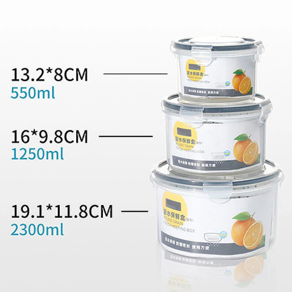 Three stacked food storage containers with dimensions and capacity labels on a white background.