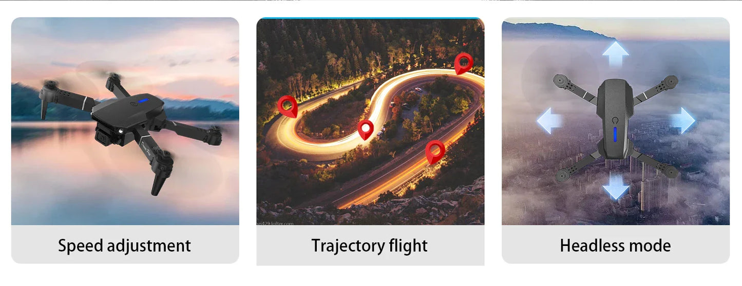 Three images showing a drone in speed adjustment, trajectory flight, and headless mode.