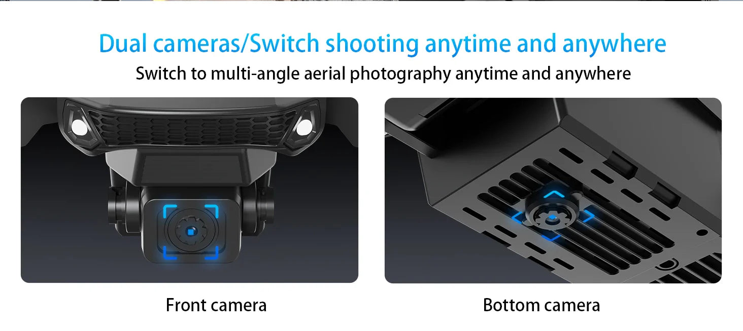 Dual camera system with front and bottom views on a dark background