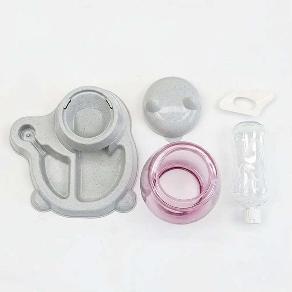 Bottle components with text 'Split design-easy to disassemble' on a white background