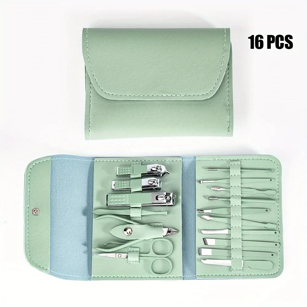 16-piece manicure set with tools and scissors in a green case on a white background