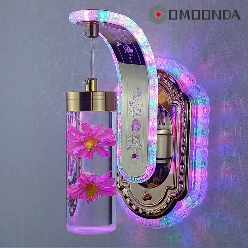Decorative wall clock with LED lights and flowers on a gray background
