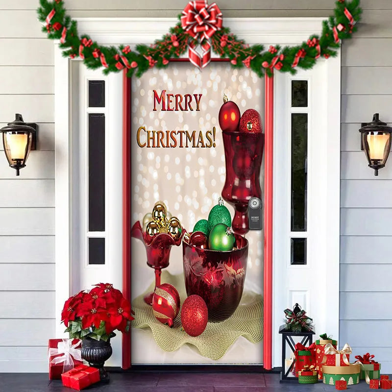 Decorative Christmas door cover with ornaments and 'Merry Christmas!' text, featuring a festive front door.