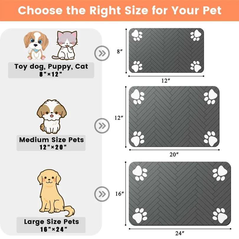 Pet mat size chart for different pet sizes with corresponding dimensions.