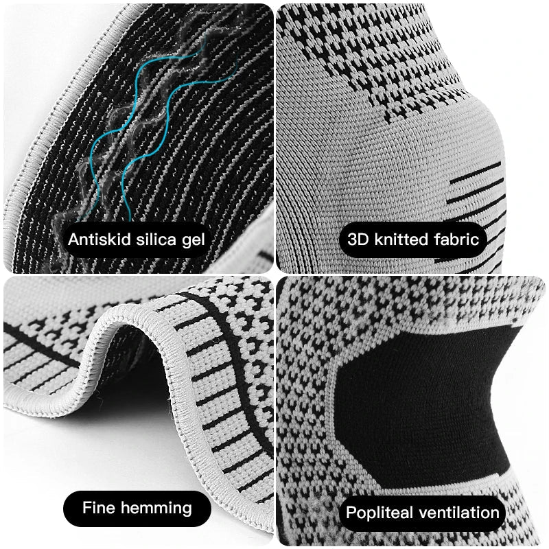 Collage of knee support features including antiskid silica gel, 3D knitted fabric, fine hemming, and popliteal ventilation.