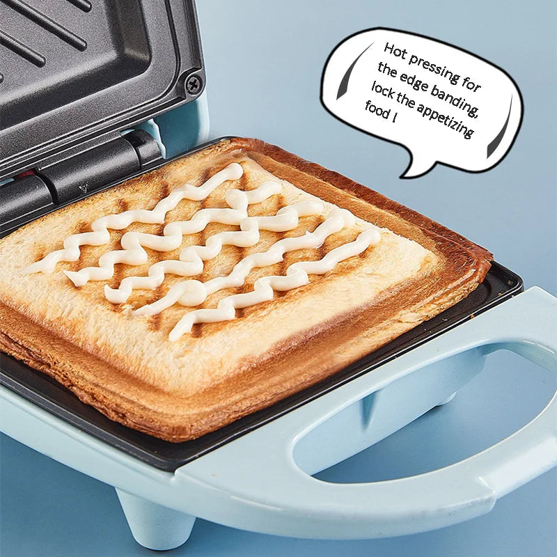 Rectangular toaster with waffle-like bread and speech bubble on a blue background