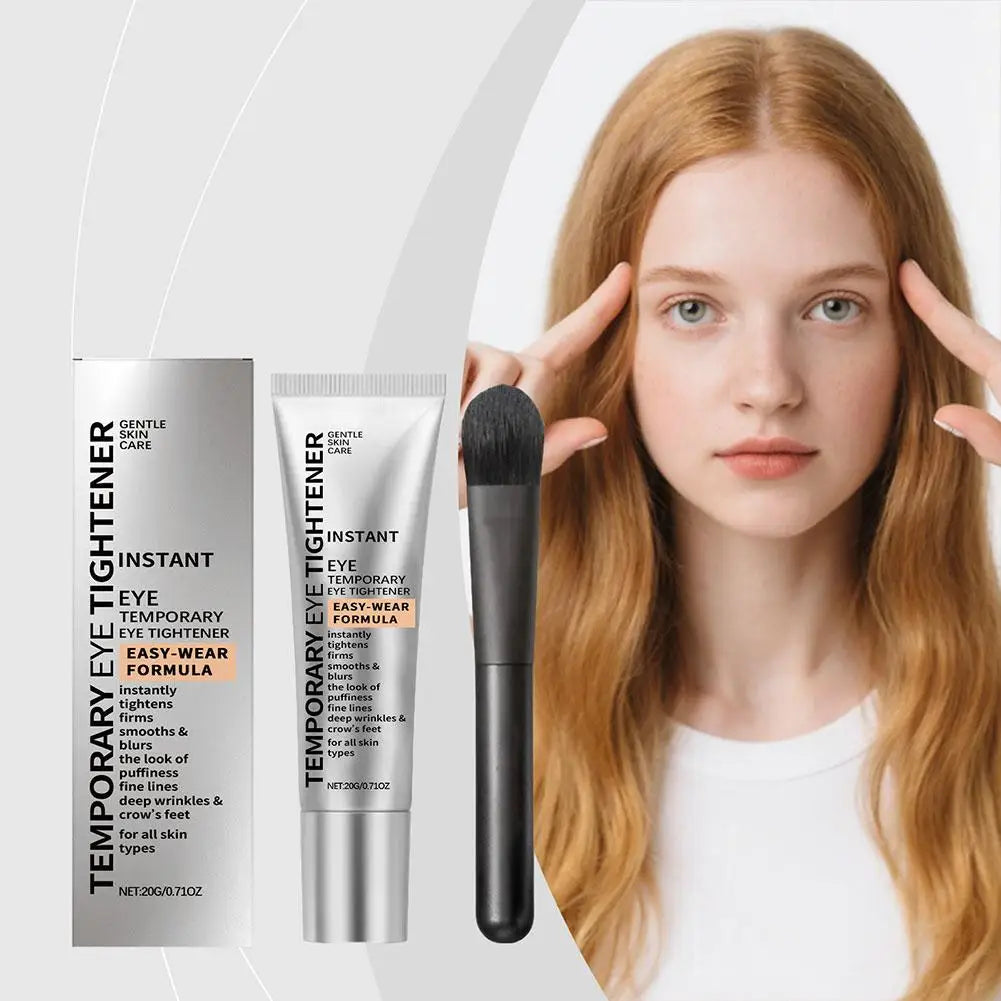 Cosmetic product with packaging and a brush, displayed with a person.