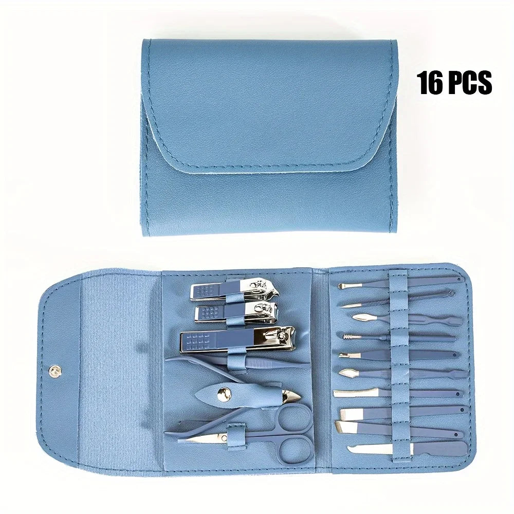 Blue manicure set with tools and case on a white background