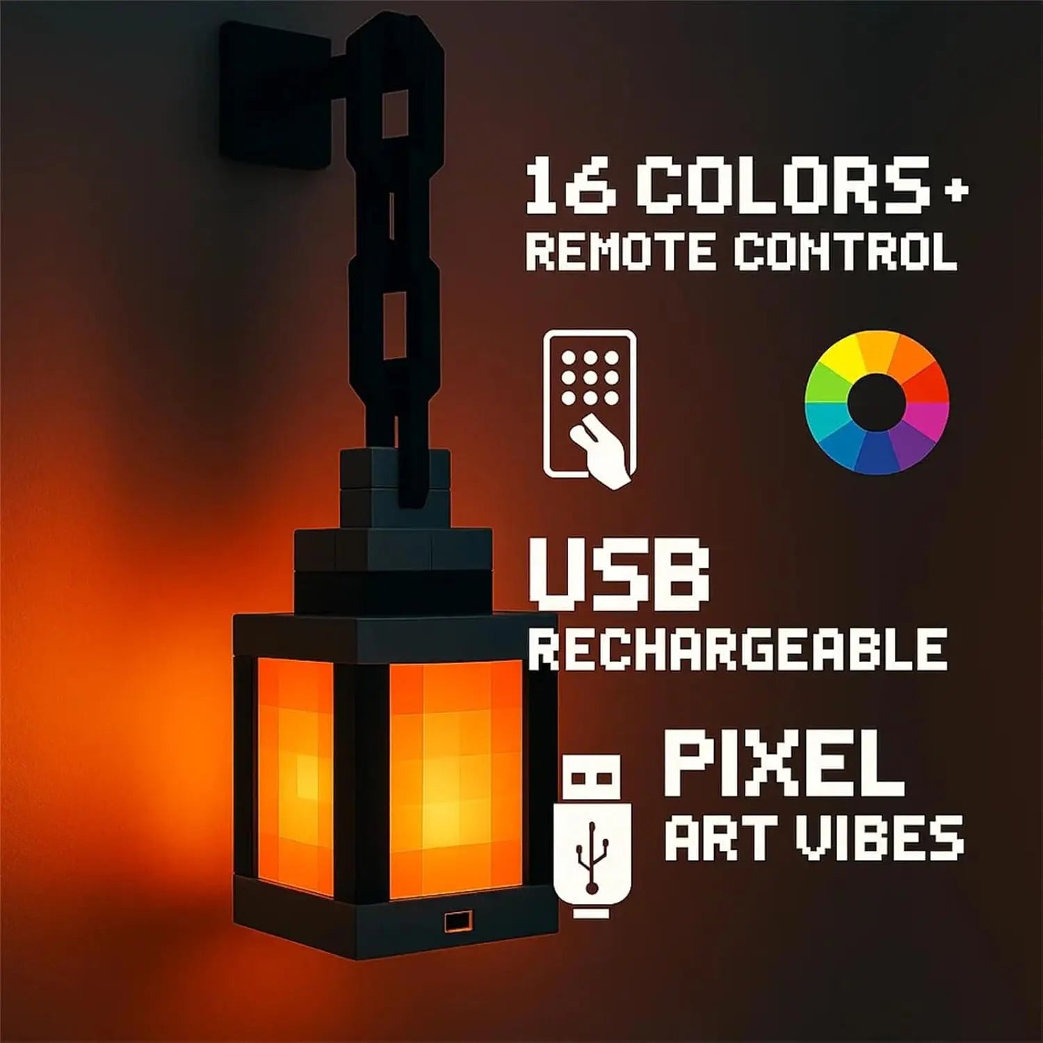 Pixel art lamp with USB rechargeable feature on a dark background