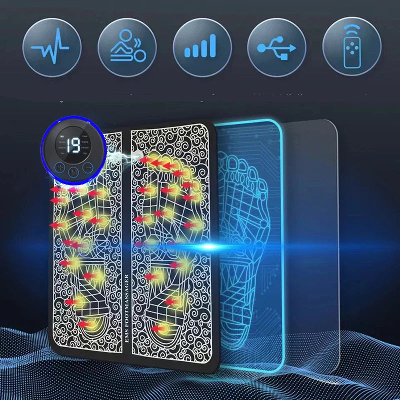 Phone case with digital display and foot diagram on a dark background