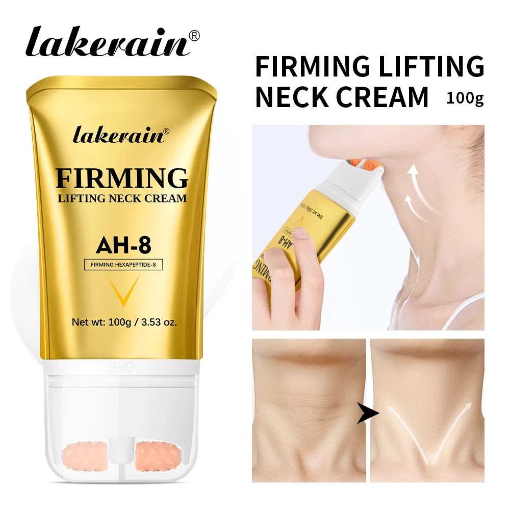Lakerain Firming Lifting Neck Cream packaging with before and after effects on neck skin.