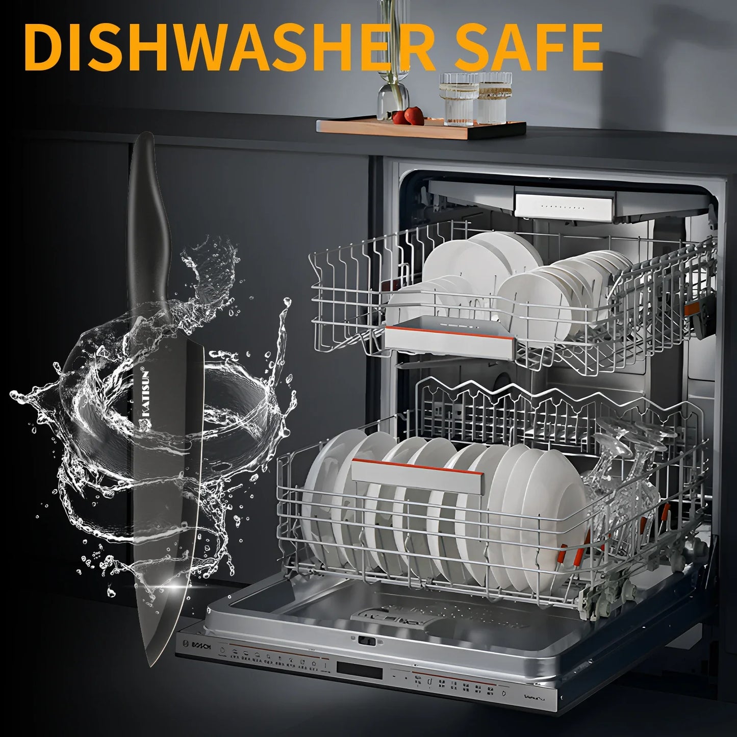 Dishwasher with dishes inside, labeled 'Dishwasher Safe', on a dark background.