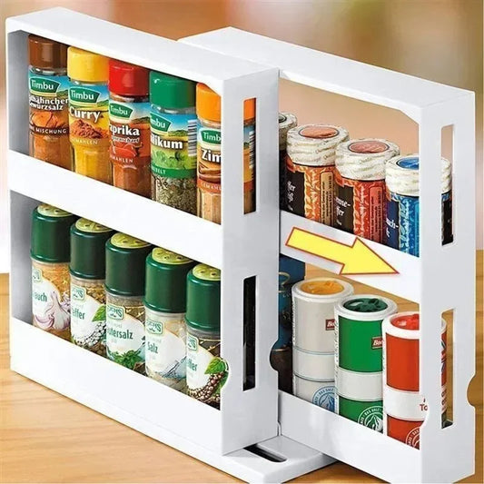 White spice rack with various spice containers on a wooden surface