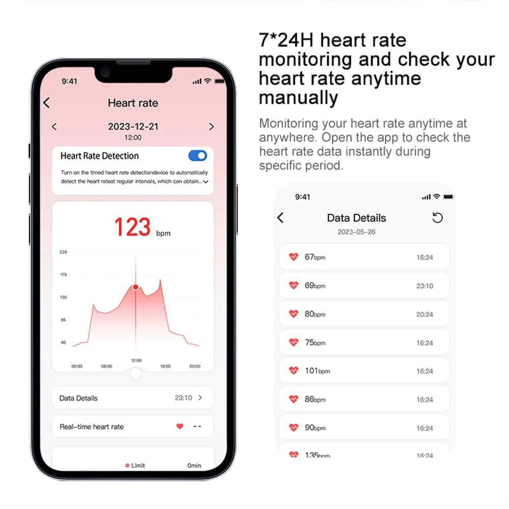 Phone screen displaying heart rate monitoring app with heart rate data and text about 24-hour monitoring.