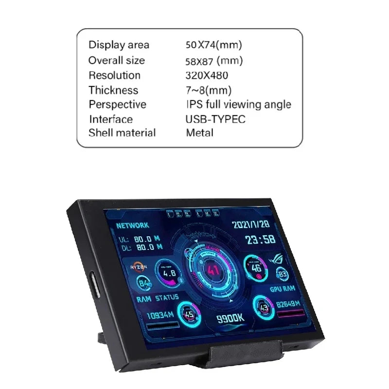 Digital display with technical specifications on a white background