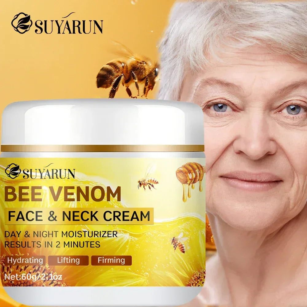 SUYARUN Bee Venom Face & Neck Cream jar with a woman's face on a yellow background