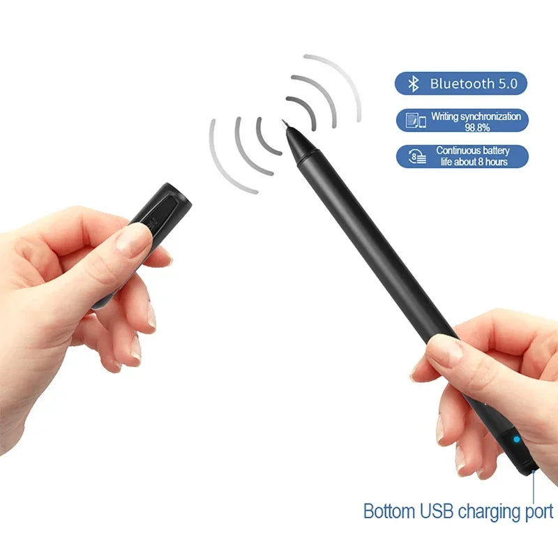 Two hands holding a black electronic pen with Bluetooth connectivity features displayed on a white background.