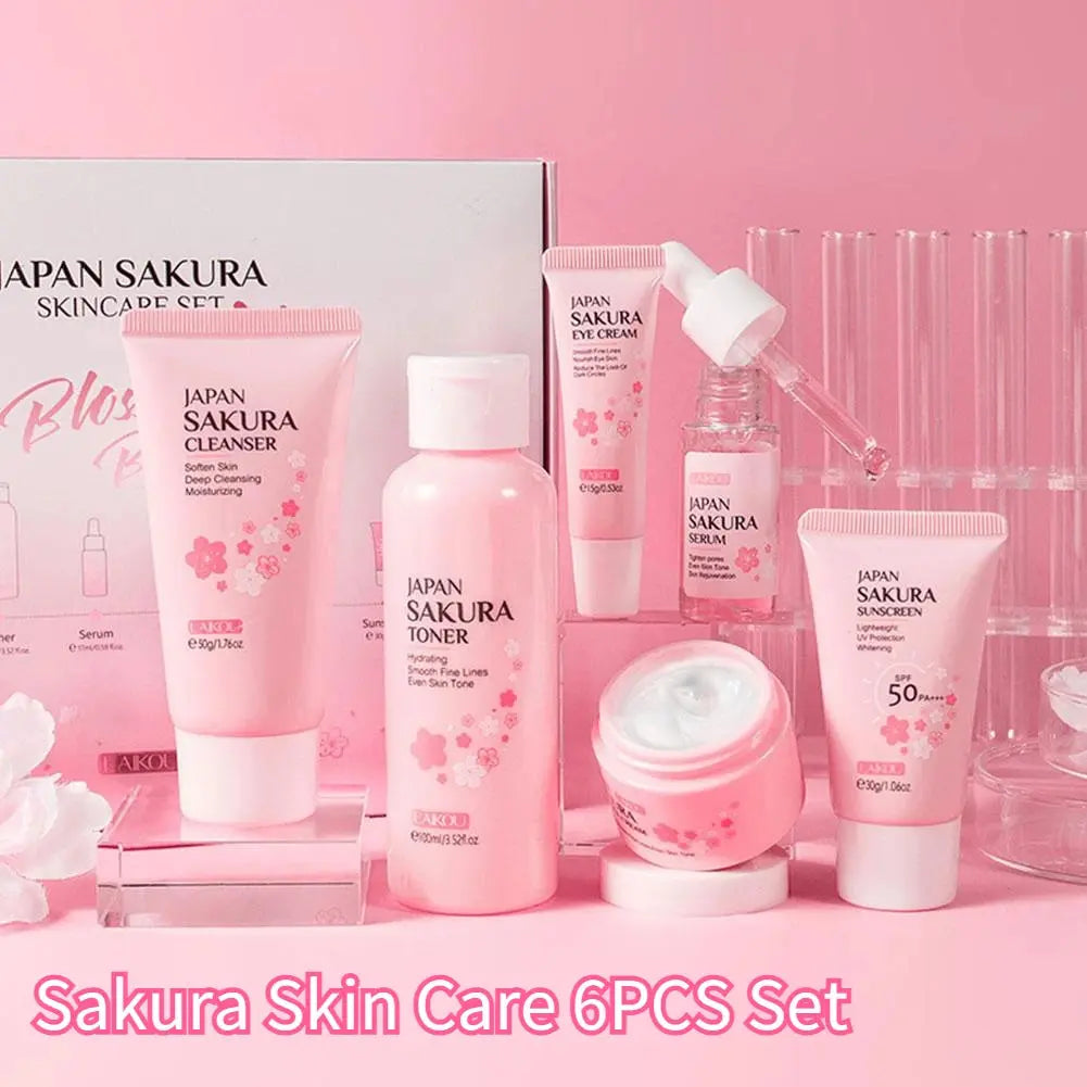 Japan Sakura skincare product set on a pink background