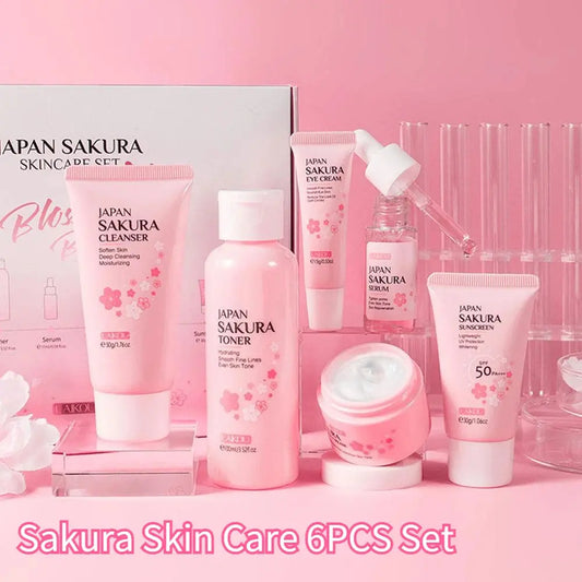 Japan Sakura skincare product set on a pink background